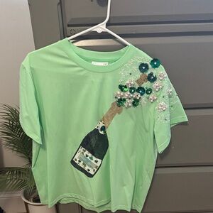 Green T-Shirt with Sequin Champagne Design